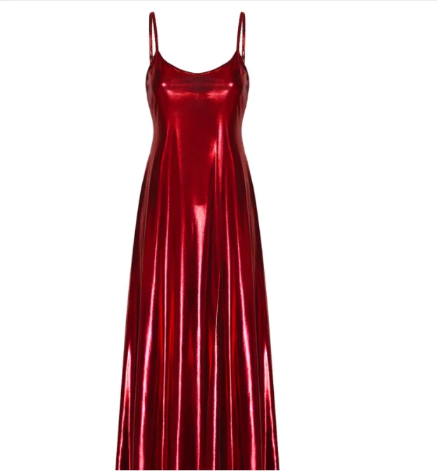 Womens Metallic Shiny Cocktail Party Formal Maxi Dress Elegant Dresses Clubwear V Neck Adjustable Spaghetti Strap Backless Dress