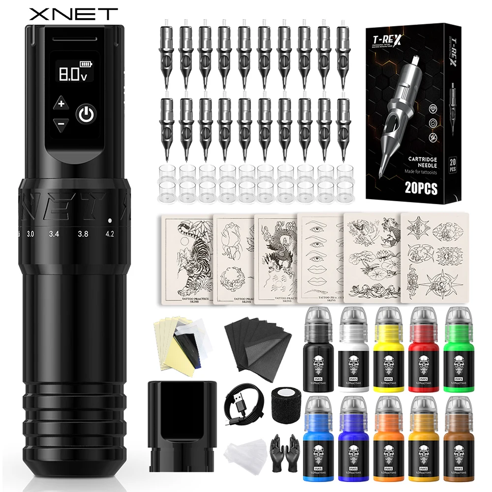 

XNET T1 Wireless Tattoo Machine Pen Full Kit Adjustable Stroke Custom Motor Makeup Pen 20pcs Cartridges Fake Skin Set For Tattoo