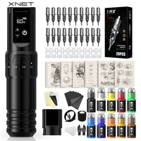Máquina de tatuaje inalámbrica XNET T1, kit completo con pluma de tatuaje de carrera ajustable, motor personalizado, pluma de maquillaje, 20 cartuchos, set de piel sintética para tatuajes