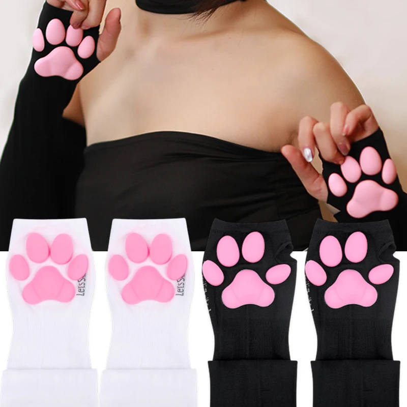 2024 New 3D Silicone Pink Cat Claw Paw Pads Soft Fingerless Fluffy Sun Protection Cool Sleeves Cute Gloves Long Tube for Women