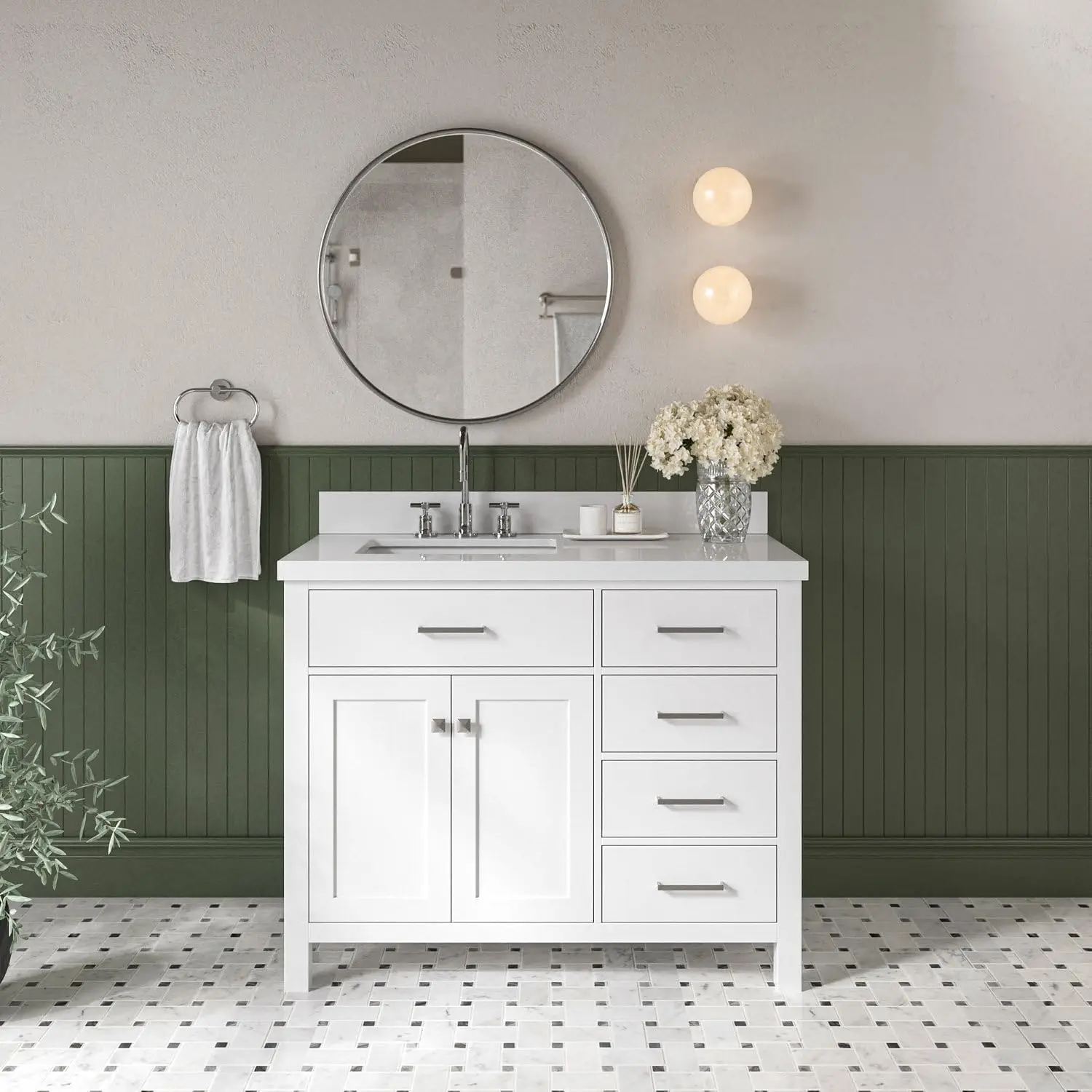 

42-Inch White Single Bathroom Vanity with Left Rectangular Sink, 2 Soft Closing Doors, 4 Full Extension Dovetail Drawers
