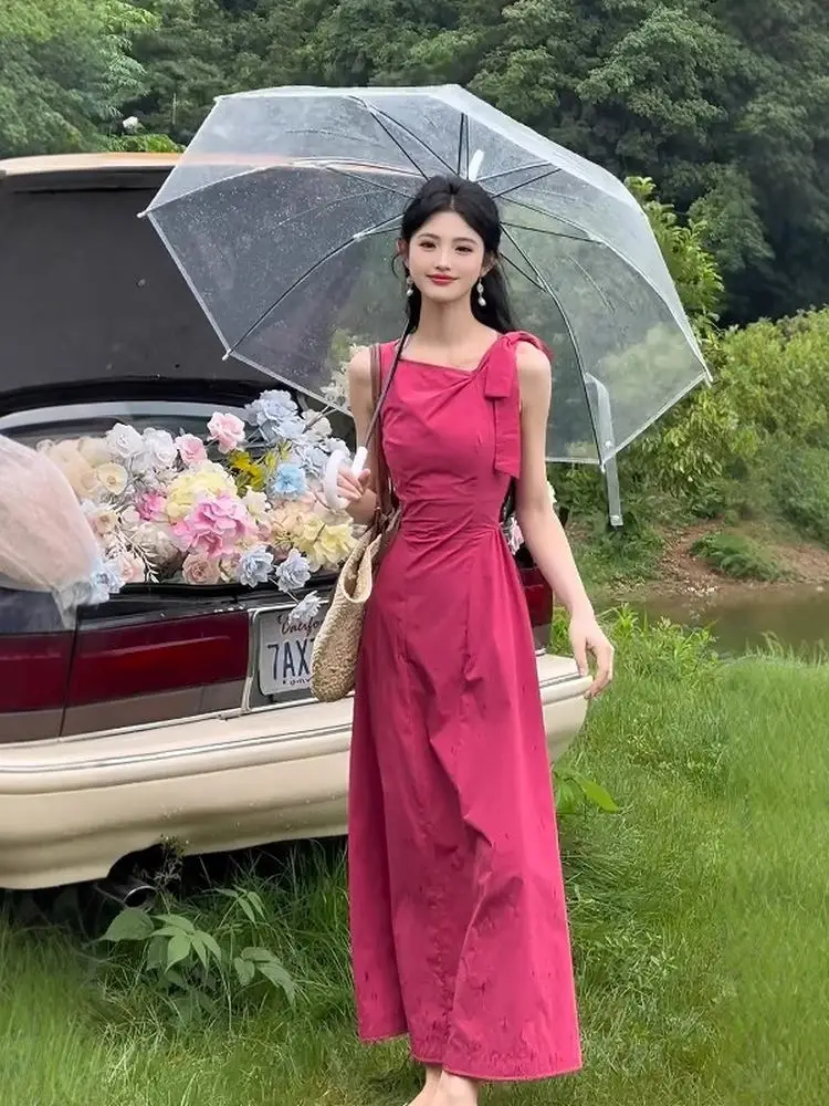 Ele Simple round Ne Svel Dr Women's Summer 2025 New High Waist Slimming Vest Dr A-Line Long Dr