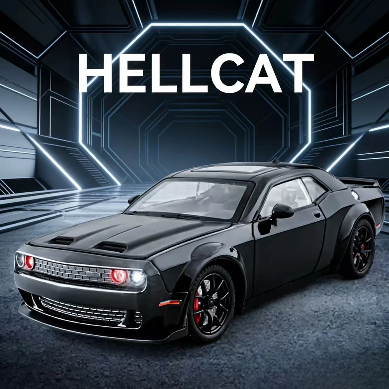 ダイキャスト ヘルキャット チャレンジャー、1:32 プルバックモデルカー、クールなサウンド＆ライトのおもちゃの車