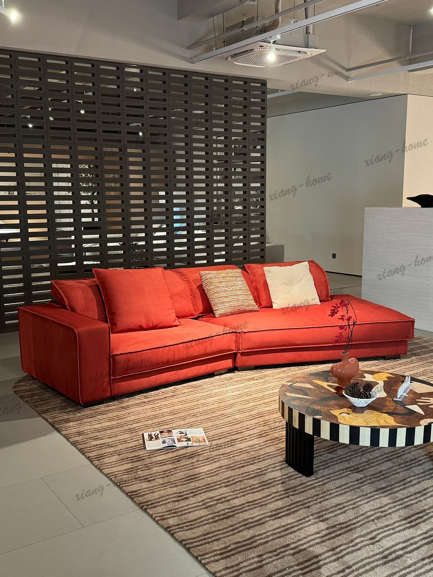PG Red Suede Fabric Curved Modular Sofa Deep Seat Floor Style Oversized Pillows L Shaped Sectional For Living Room Villa Home