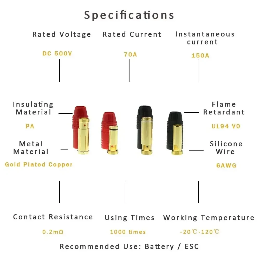 6Pairs Amass AS150 Male Female Anti Spark Connector 7mm Gold Plated Banana Plug Set for Battery ESC and Charge Lead