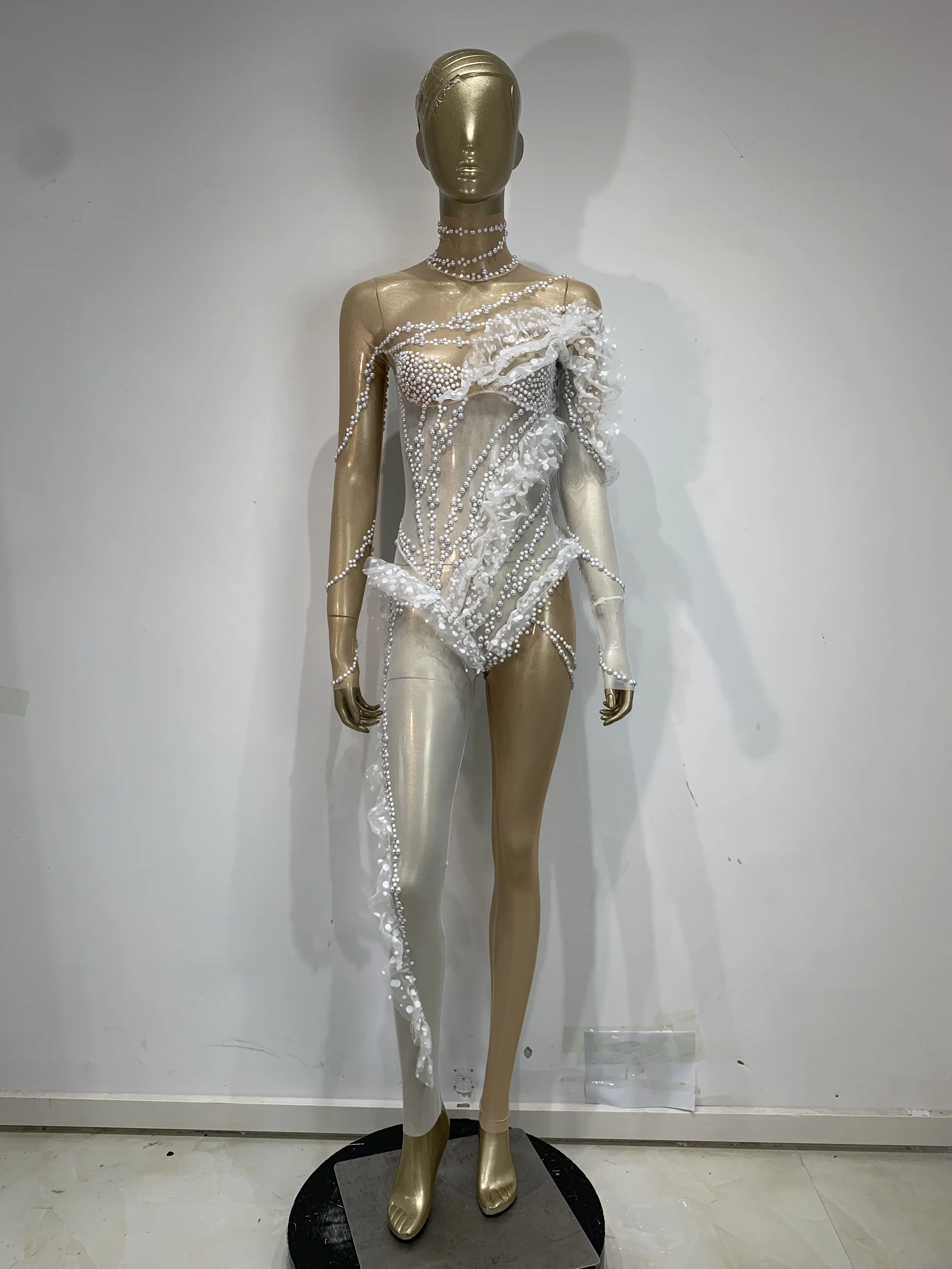 Women Sexy Sheer Transparent Ruffles Pearls Long Sleeve Jumpsuit Birthday Evening Party Nightclub Stage Performance Costume