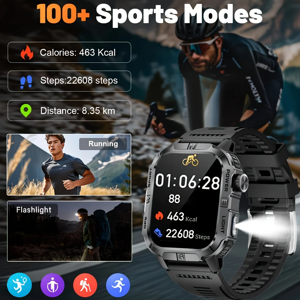 Фото Смарт-часы XIAOMI 2026 для мужчин в военном стиле с GPS, LED-подсветкой, компасом, беспроводной связью, водонепроницаемостью IP68