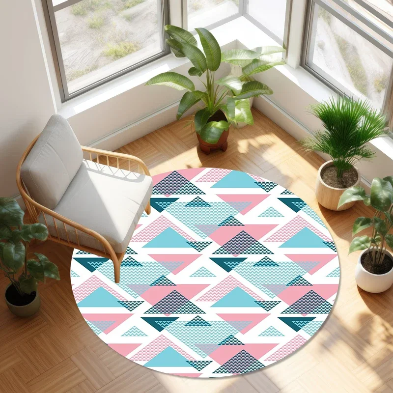 Modern Geometric & Heart Print Round Rug, Non-Slip Washable Floor Mat, Cute Abstract Circle Area Rug for Living Room Bedroom