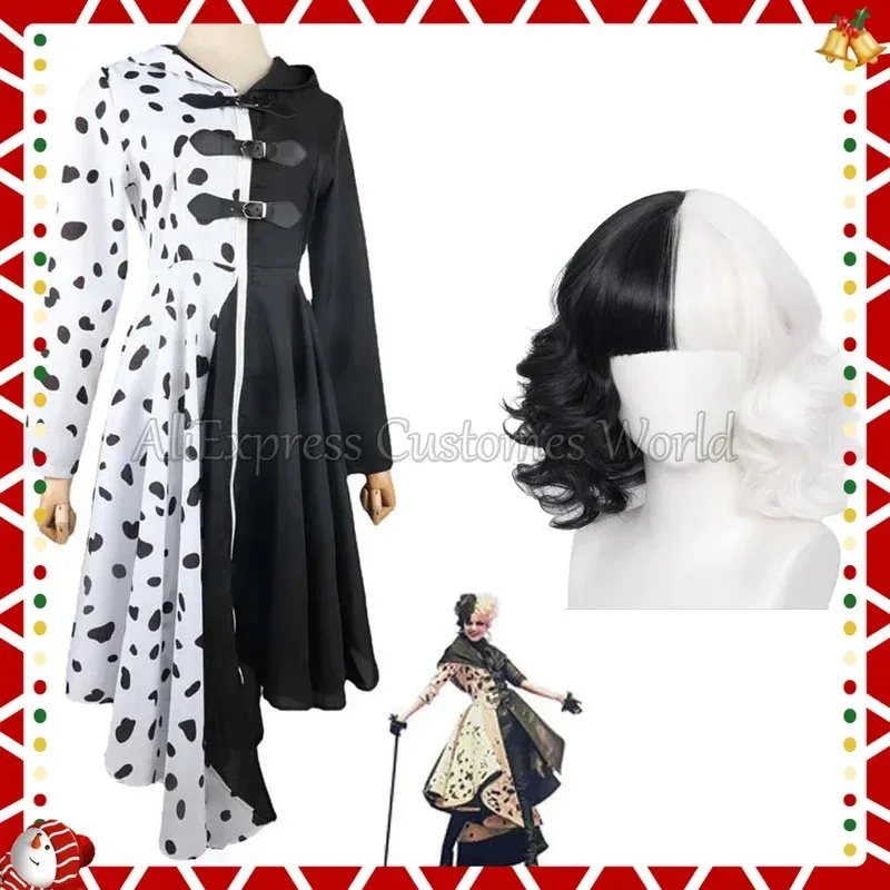 

Queen DeVil Cruella 101 Dogs Cos Spot Dress Anime 101 Dogs Cruella Cosplay Costume Halloween Outfit Cloak Suit For Adult Women