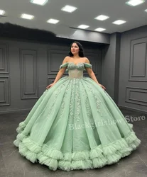 Pale Green Princess Exquisite Quinceanera Dresses 2024 Off Shoulder Tulle Applique Beaded Mexico vestido para de 15 años