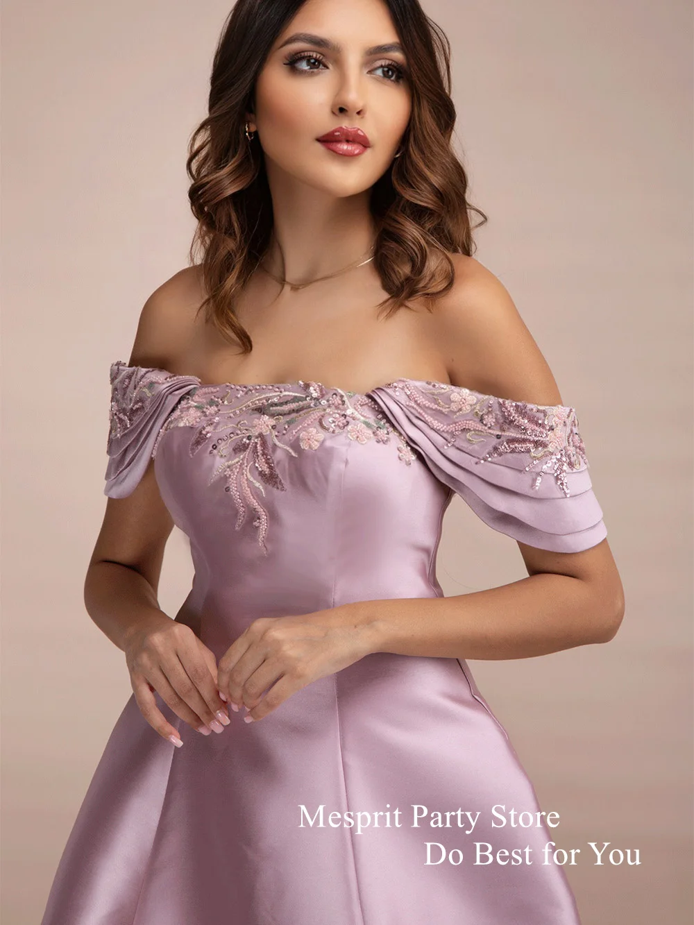 Classic Satin Prom Dress Boat Neck Off The Shoulder Beading Applique A Line Pink Party Dress for Bridesmaid Evening Gown 2024