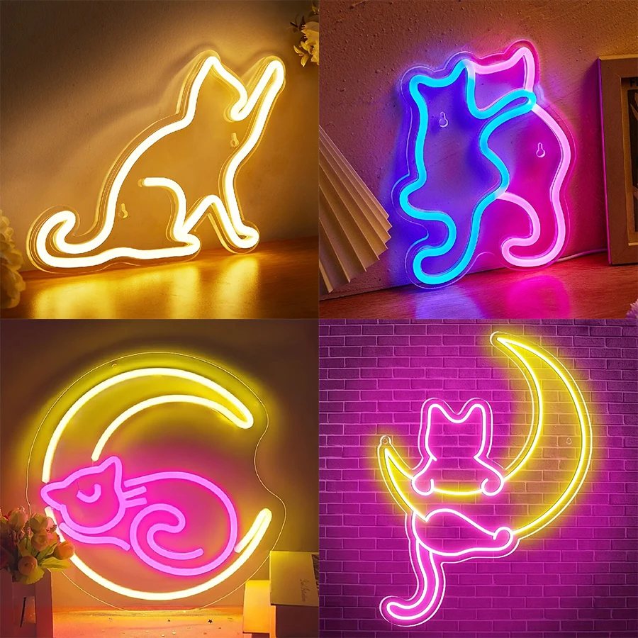 Anime Cat & Moon Neon Sign for Wall Art Arcade Decor, LED Night Lights Home Decor for Game Room Sign,Bedroom, Living Room, Bars