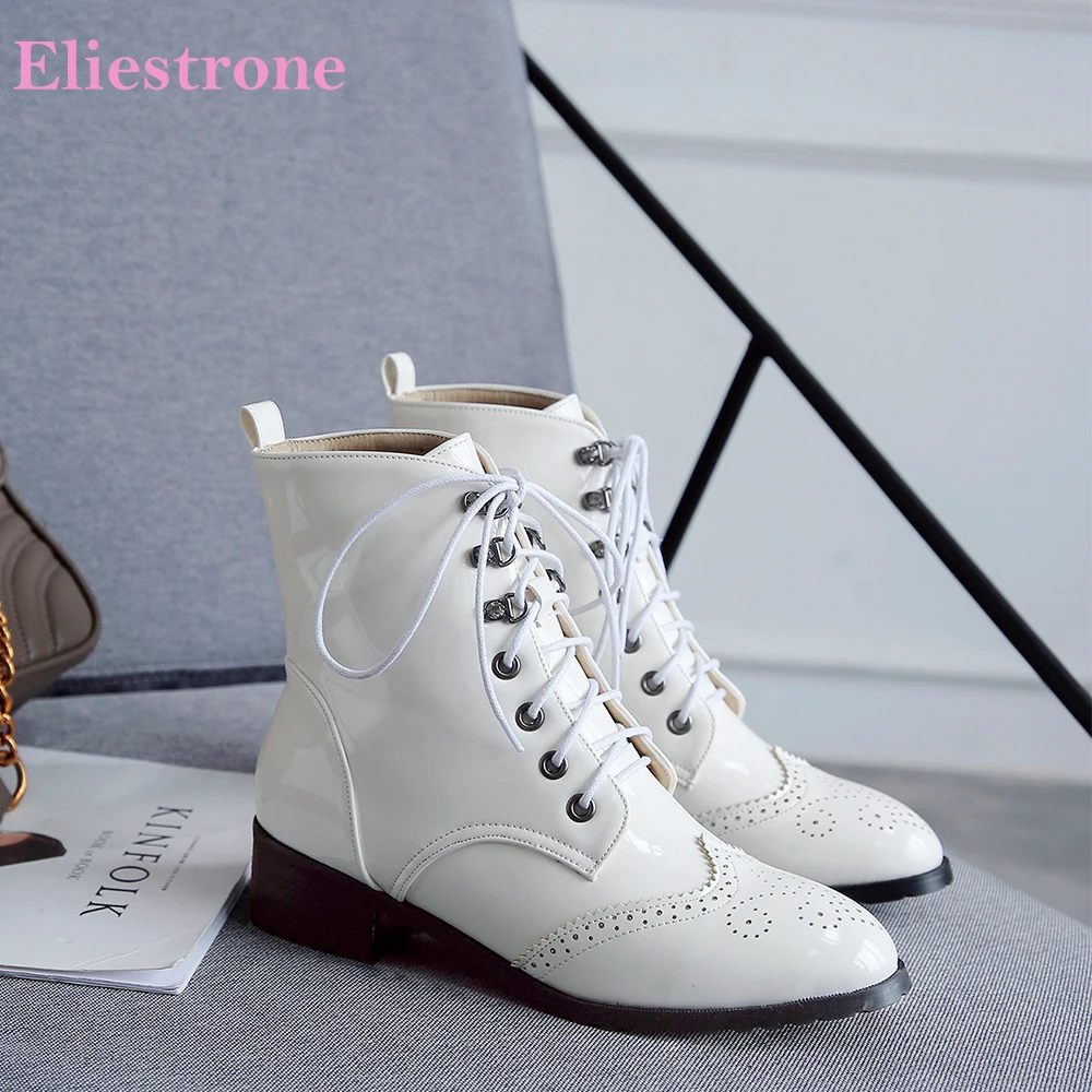 

Spring New Comfortable White Black Women Ankle Combat Booties Sexy Mid Chunky Heels Lady Shoes Plus Big Small Size 10 32 43