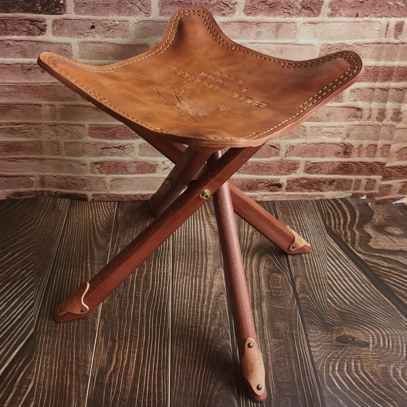 Vintage Nostalgia Leather Solid Wood Stool, Portable Folding Stool, Cowhide Shoe Changing Footstool, Matzah Small Bench