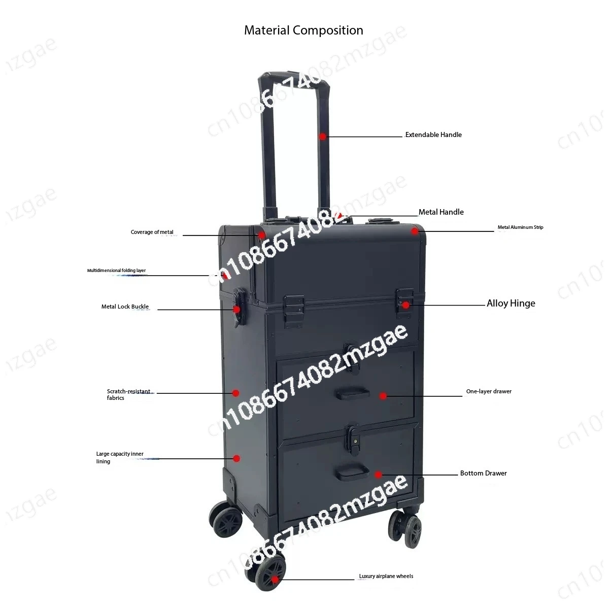 Portable trolley cosmetic case, tattoo embroidery nail art toolbox, multi-layer portable follow-up case, large capacity
