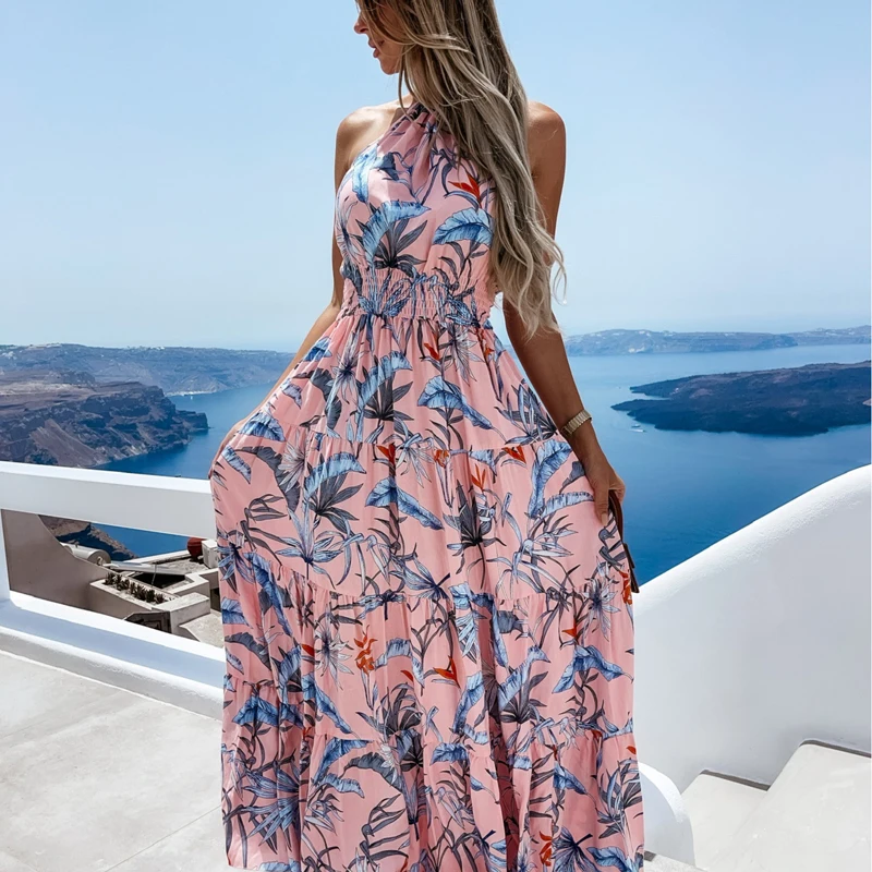 Happie queens feminino floral impressão manga longa praia solto boêmio maxi vestido senhoras com decote em v boho vestido de verão vestidos femininos