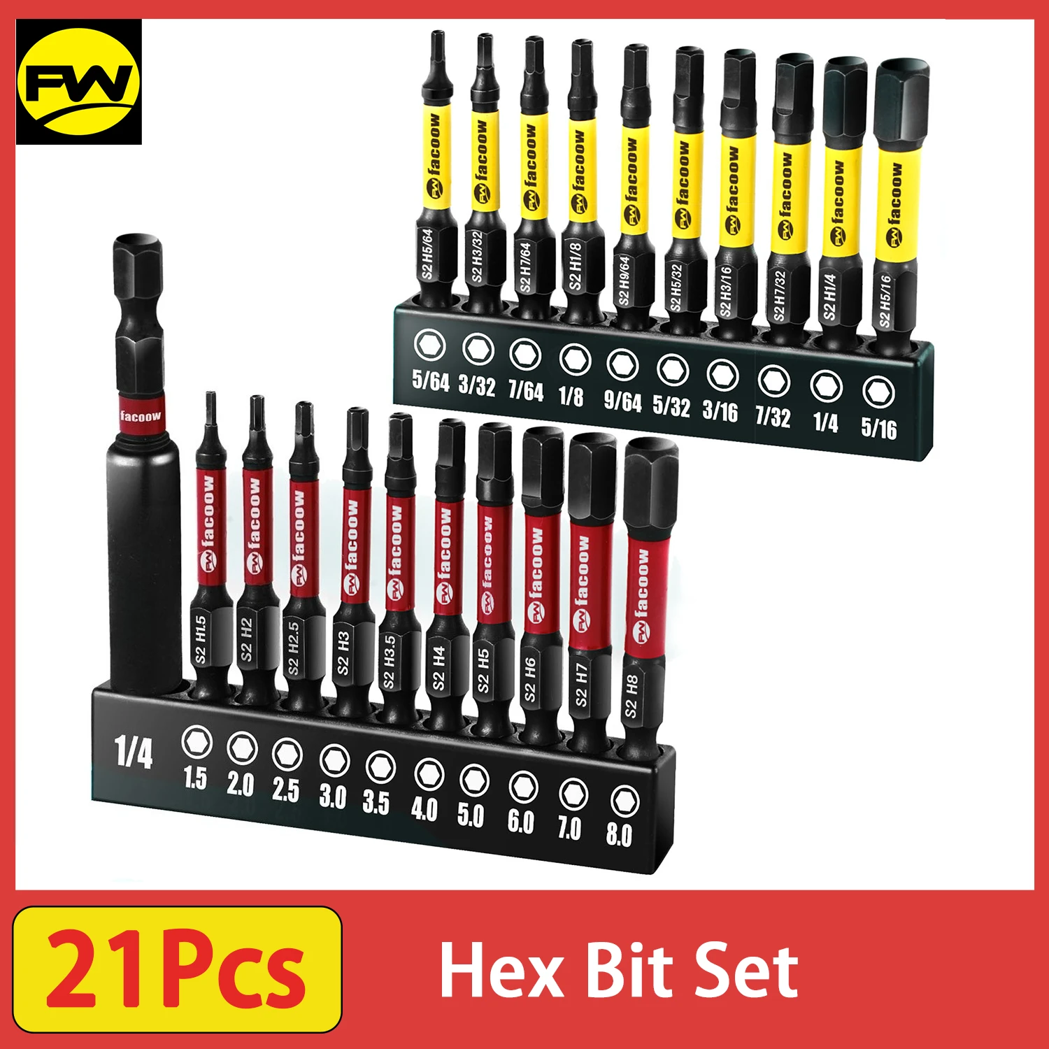 21Pcs Hex Bit Set, S2 Alloy Steel Allen Wrench Drill Bit Set with Magnetic Tips, 1/4 Hex-Shank 2