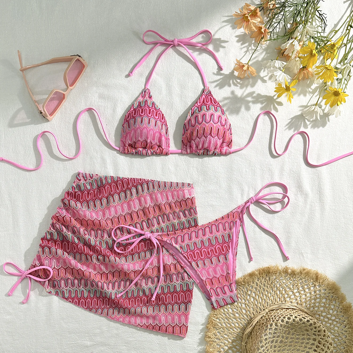 Women Gradient micro mini string bikini sets three pieces with drawstring mini skirt swimsuit bathing suit beach outfits biquini