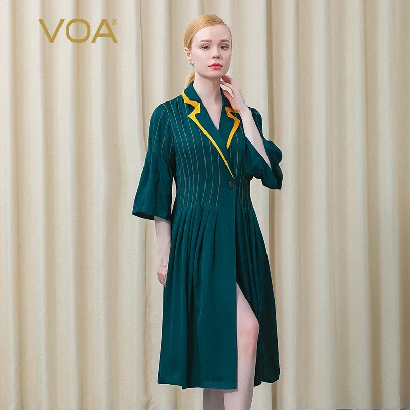 

VOA Silk Jacquard Lapel Collar Flared Sleeve Double-breasted Topstitched Pleated Mulberry Silk Premium Dress Women Clothes AE897