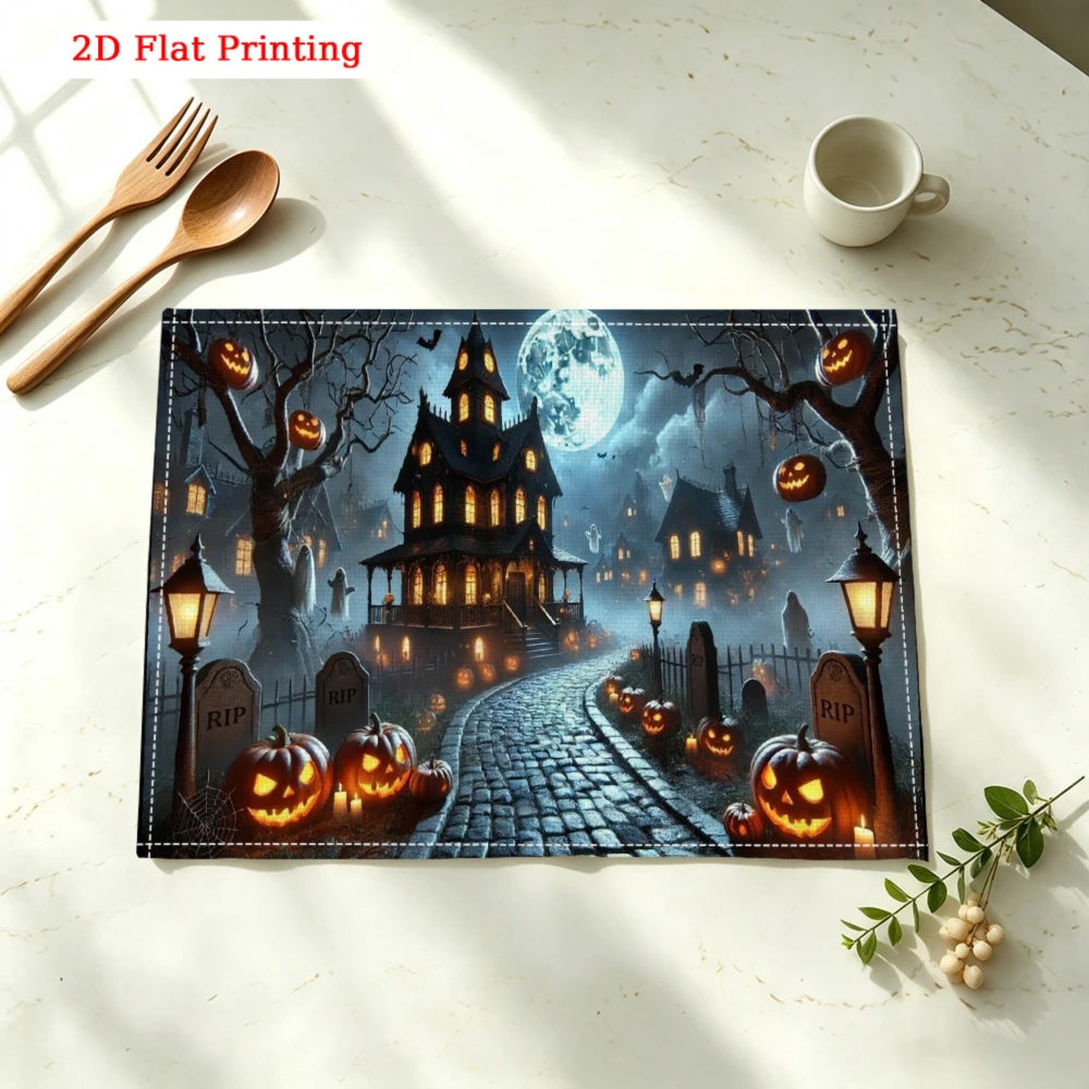 1pc Halloween Placemat Black Orange Haunted House Moon Pumpkin Table Mat Kitchen Dining Decor Party Use 30x40cm