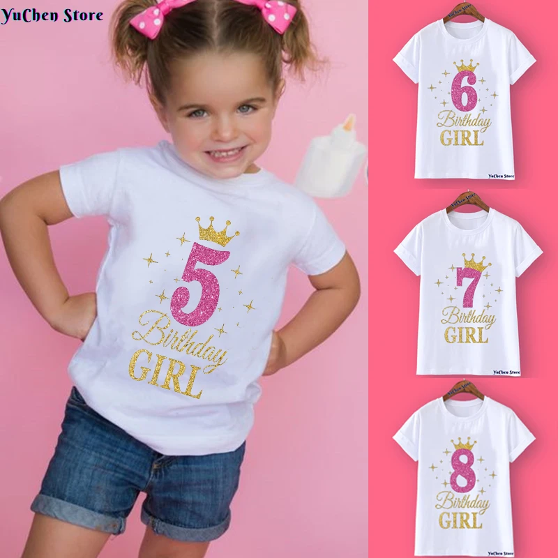 2022 New Kids Girls Summer Birthday T-shirts Short Sleeved T Shirt Size 1 2 3 4 5 6 7 8 9 10 Year Children Party Clothing Tops