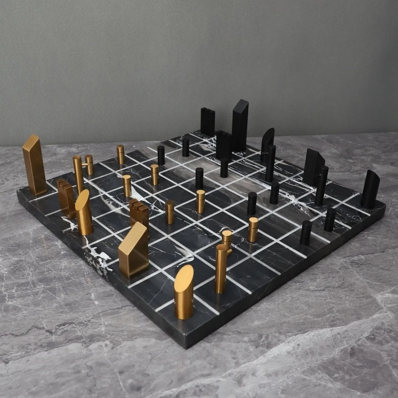Marble Chessboard Geometric Ornament, Metal Chess Pieces Light Luxury Desktop Decor for Home Living Room Model Room Decoration