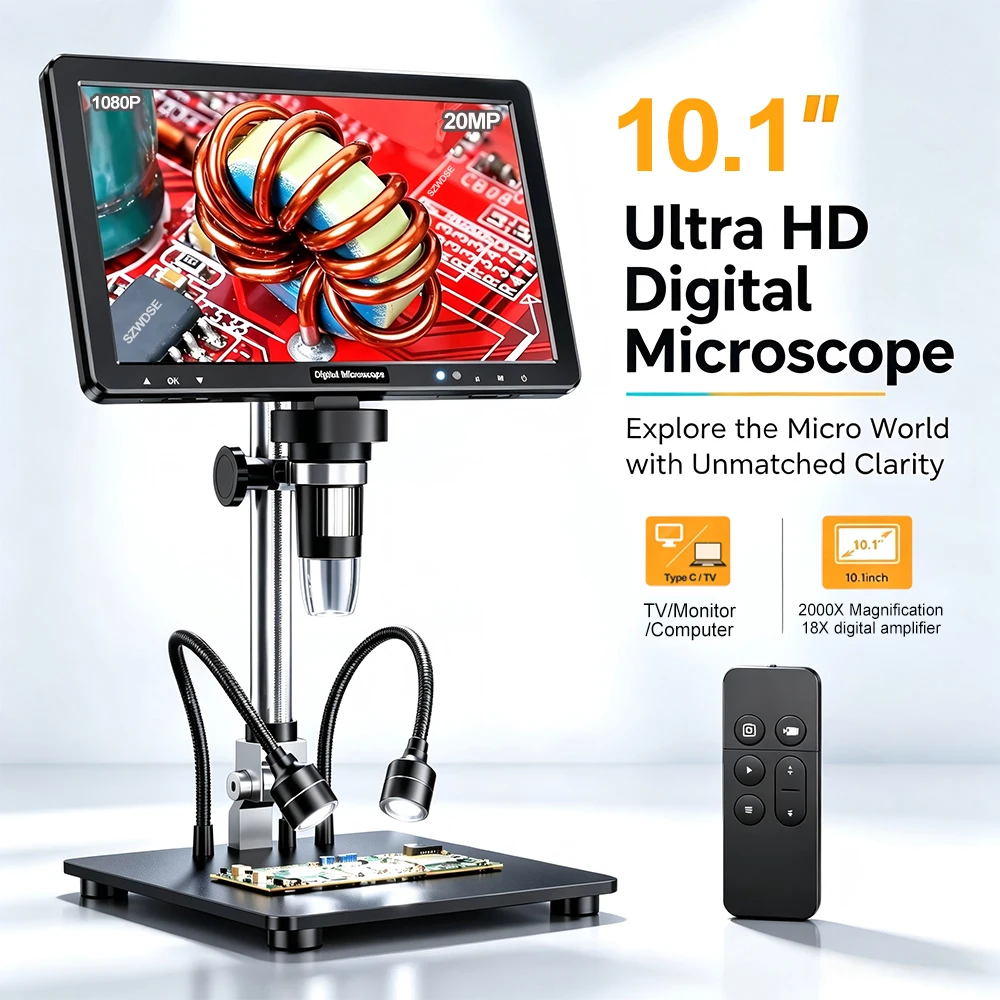 10,1-calowy cyfrowy mikroskop IPS do monet, 20 MP, 2000X, ultra-precyzyjne ustawianie ostrości, kamera z nagrywaniem wideo 1080P i funkcją nagrywania głosu, mikroskop HDMI z 8 diodami LED do analizy