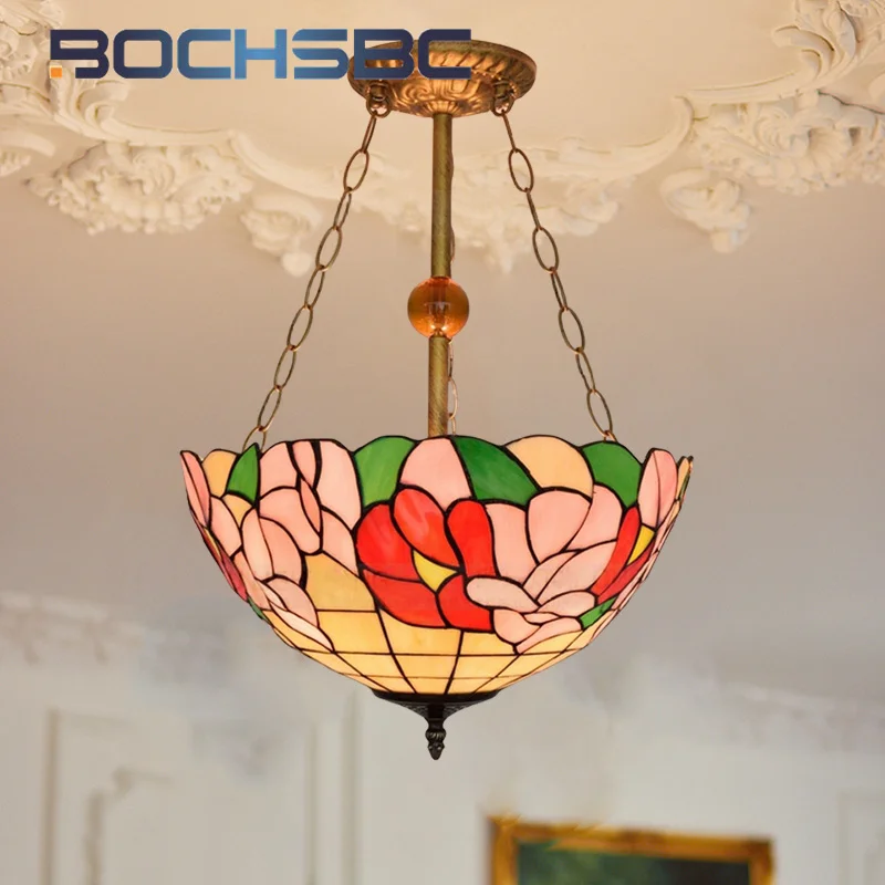 BOCHSBC Tiffany Vintage style deco stained glass chandeliers Bar living room Dining room bedroom hanging reverse pendant light