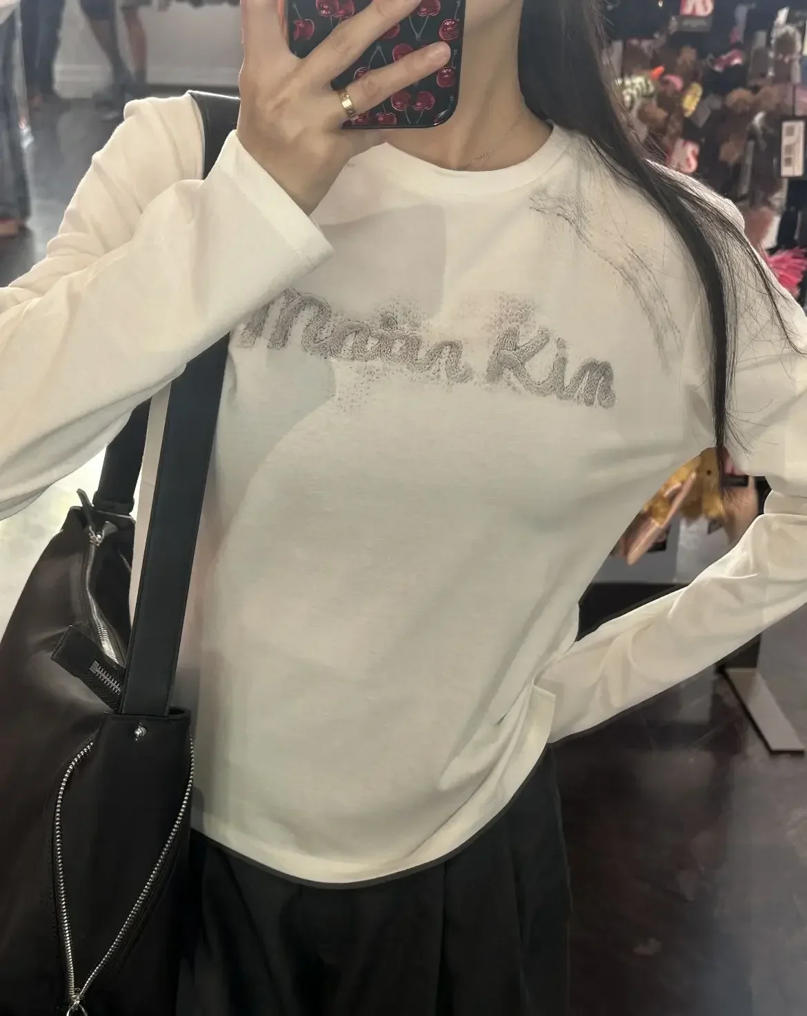 Matin Kim Pigment Graffiti Logo Long Sleeve Tee Slim Fit Crew Neck Unisex Korean