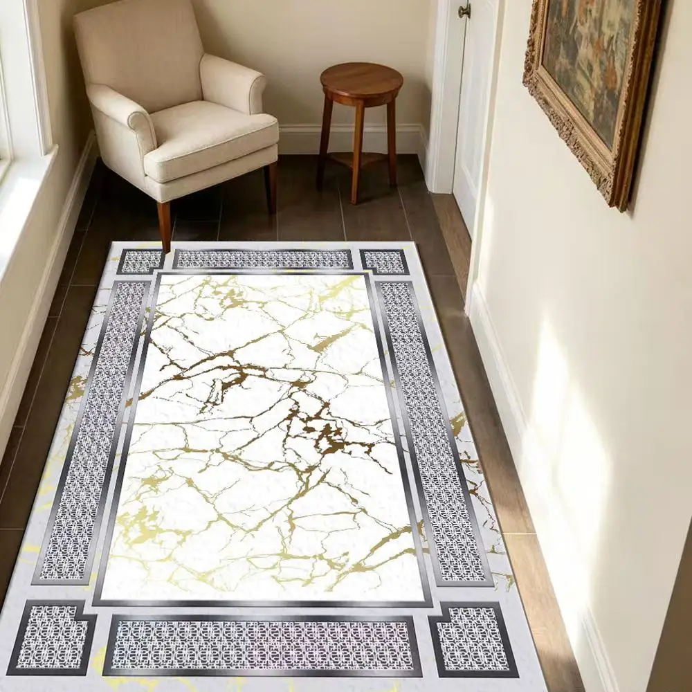 White Gold Marble Carpet, Soft and Comfortable, Suitable for All Seasons, Easy to Maintain, Machine Washable, Indoor Rug, Suitable for Living Room, Bedroom, Dining Room, Hallway, Office, Terrace, Home and Outdoor Decoration