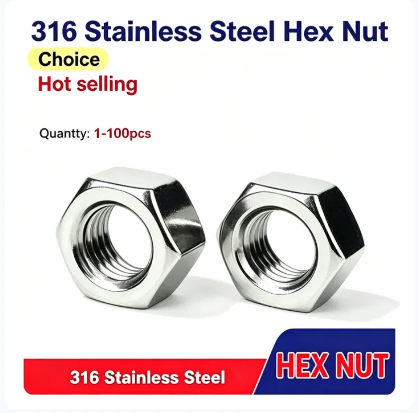 316 Stainless Steel Hex Nut M3 M4 M5 M6 M8 M10 M12 M14 M16 M18 M20 M22 M24 M27 M30 M33 M36 Hex Nuts 1-100pcs