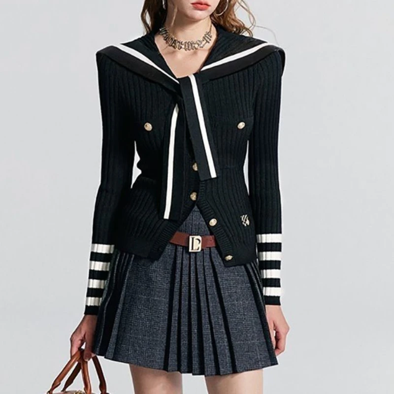 Deeptown Preppy Style Knitted Cardigan Women Striped Sailor Collar Cute Long Sleeve Sweater Elegant Sweet Autumn Winter Cardigan