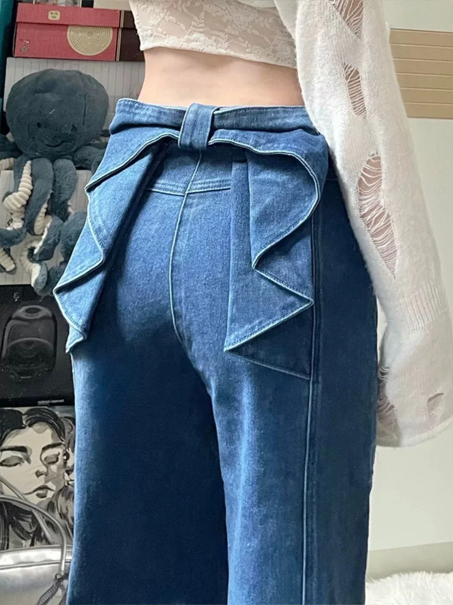 Jeans mit Schleifendetail für Damen, Hose mit hoher Taille und weitem Bein, Vintage-Blau, schlankmachende schmale Palazzos für den Herbst