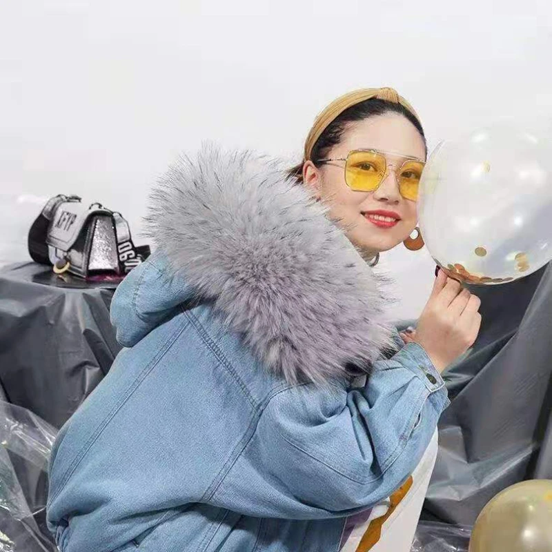 Women's Coat Thickened Big Fur Collar Fashion Denim Cotton Cotton Jacket Winter New Korean Version Plus Cashmere Hooded Jacket