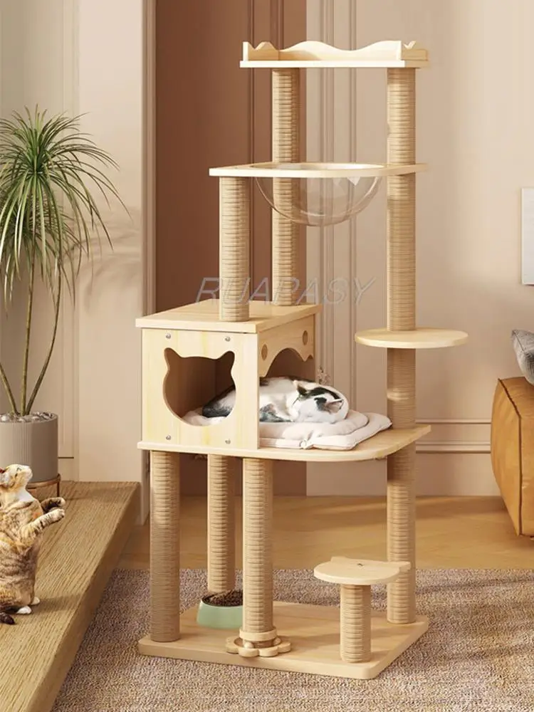 Large Multi-Level Cat Tree Wood Climbing Shelf Space Capsule Post Condo Sisal Cat Tree Scratching Jumping Platform Perch Tower