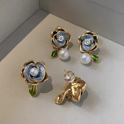 Chinese Vintage Camellia Pearl Earrings for women's Enamel Drip Glaze Light Luxury Niche Jewelry Gifts Accessories