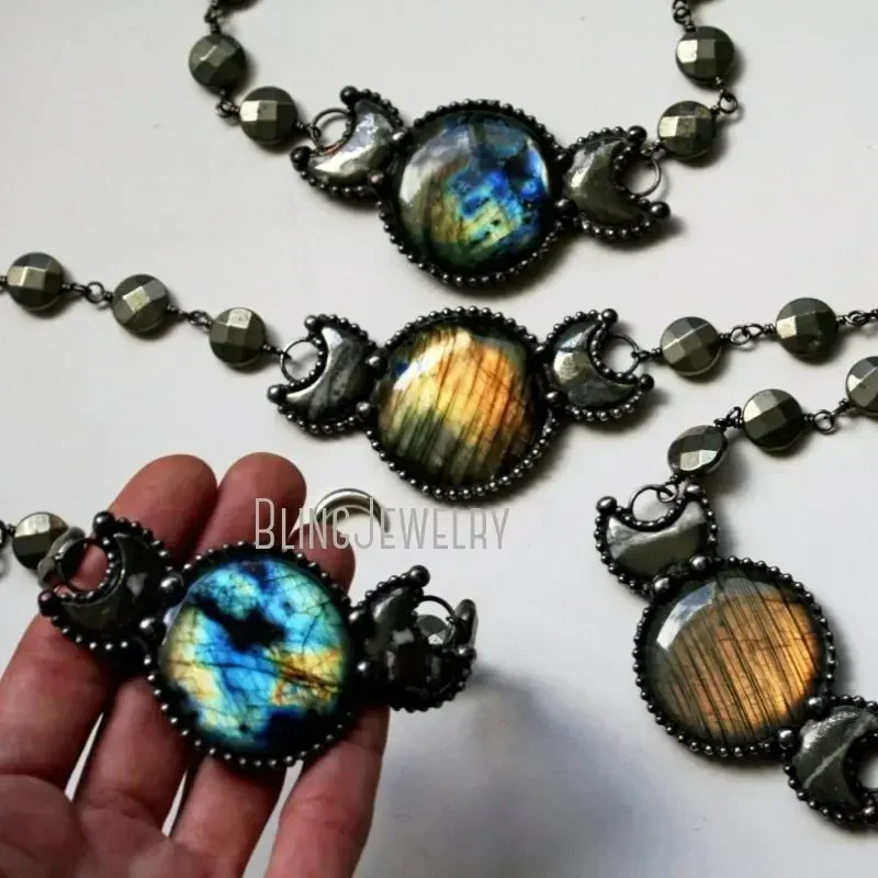 10pcs Labradorite Moon Phase Statement Necklace Women Pyrite Choker Goth Wicca Stainless Steel Collar Arcane Tiki y2k Jewelry