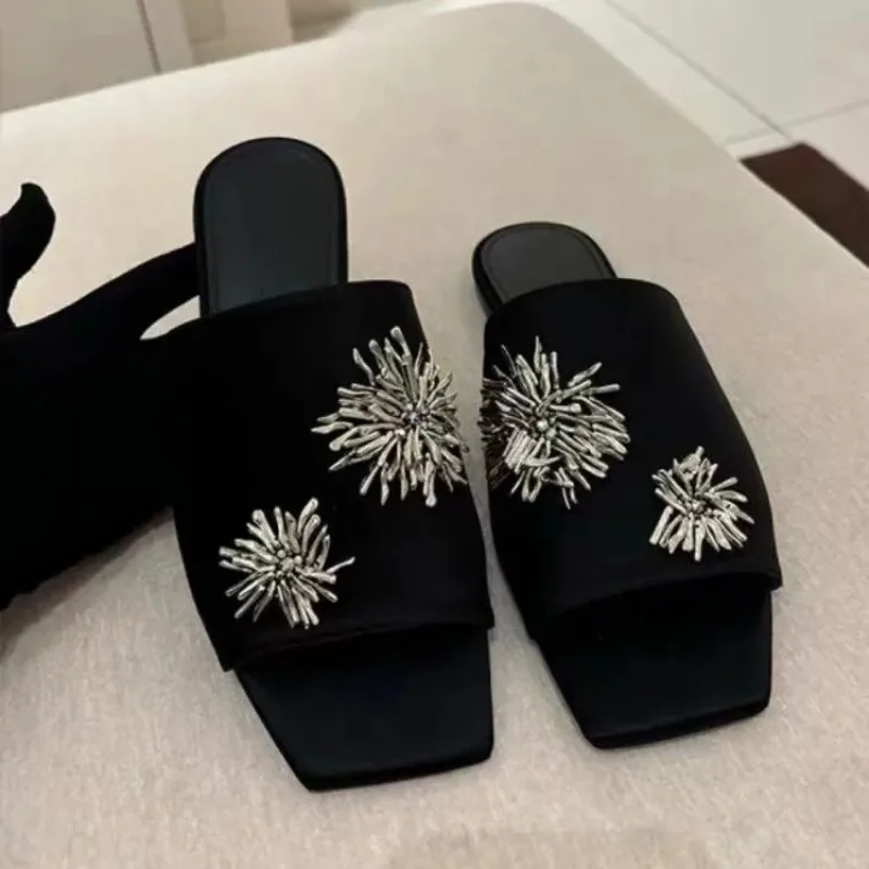 2026 Summer Metallic Silver Embroidered Decorated Slippers New Square Toe Versatile Low-heeled Women's Shoes