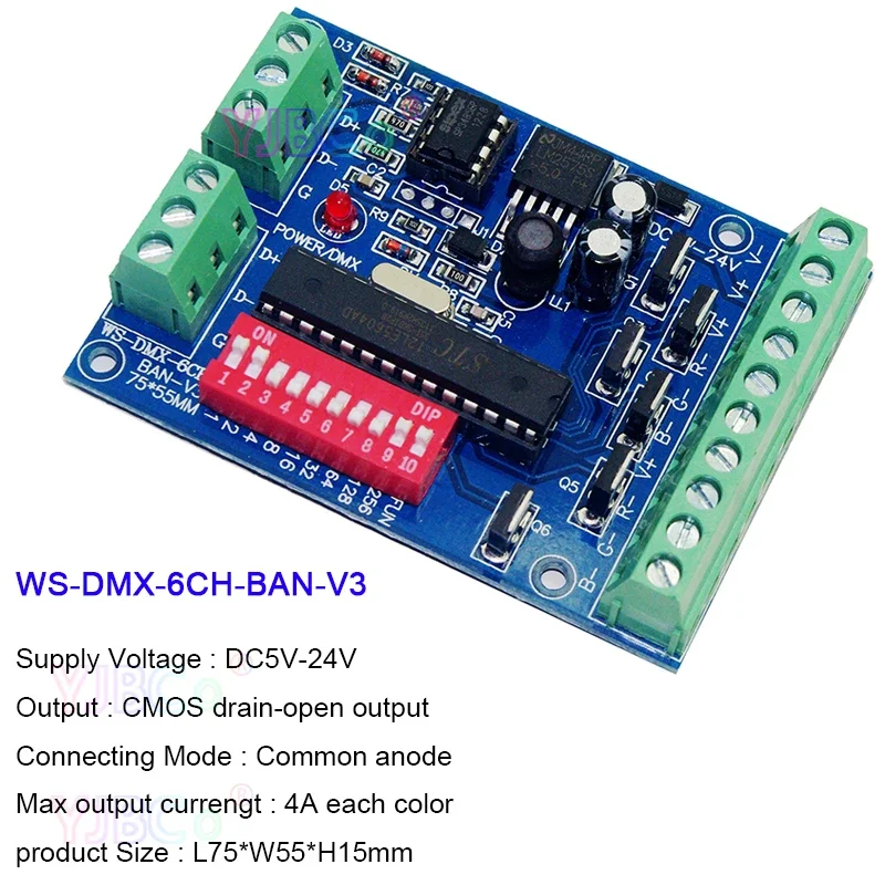 WS-DMX-6CH-BAN-V3 RGB LED Strip Light Tape Module Dimmer 6CH DMX Controller Board 2 Groups 5V 12V 24V 6 Channels DMX512 Decoder