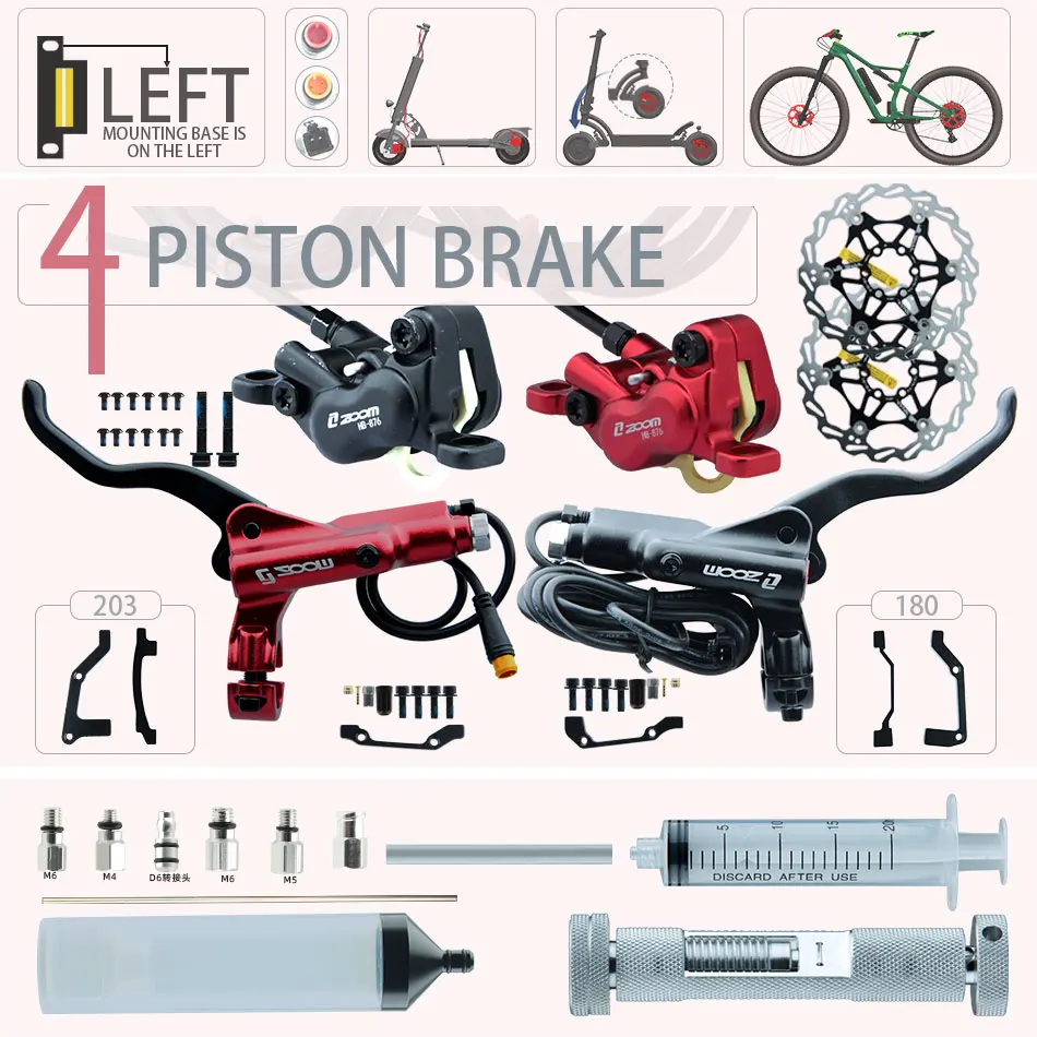 Zoom HB-876E 4-piston Left Disc Hydraulic Brake E-bike Folding Mountain Bike Bicycle Power Off 160 180 203 Roto Split Tube SM2A
