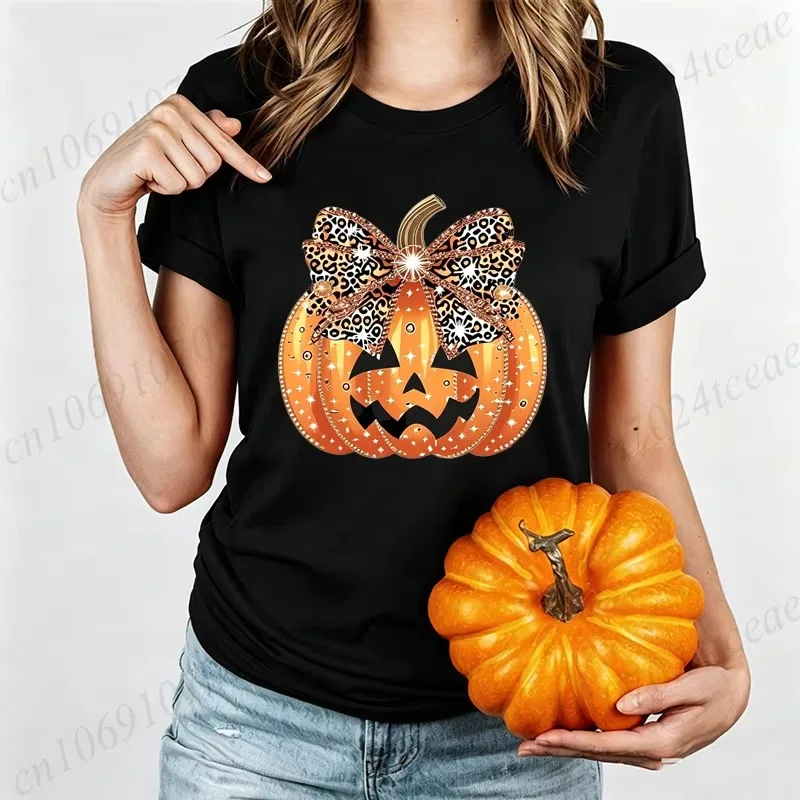 Leopard Print Evil Pumpkin Face Halloween Print Unisex T-shirt with Horror Pumpkin Head Pattern Top Style Streetwear
