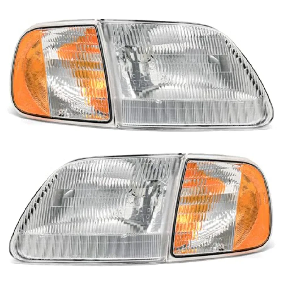 

Headlight Compatible with Ford F-150 1997-2003/Ford F-150 Heritage 2004 Chrome Housing Amber Reflector Replacement Pair with Ch