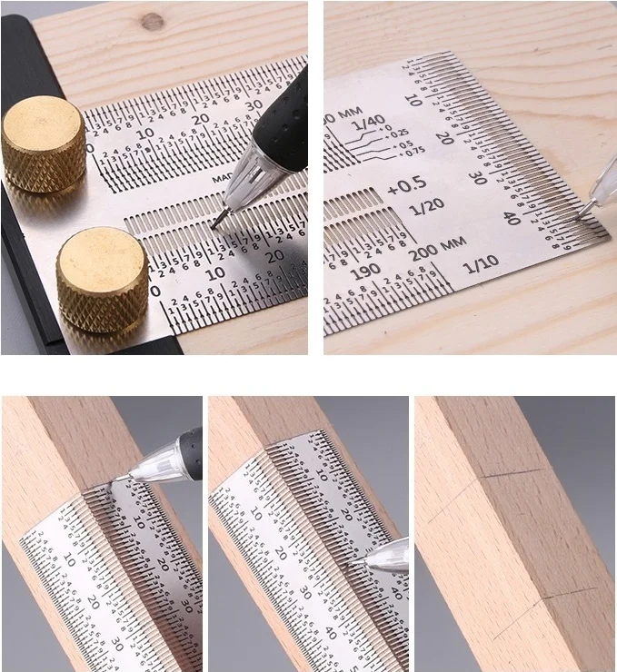 الفولاذ المقاوم للصدأ T نوع ثقب حاكم يخط قياس أداة وسم النجارة مع قلم رصاص آلي 300mm
