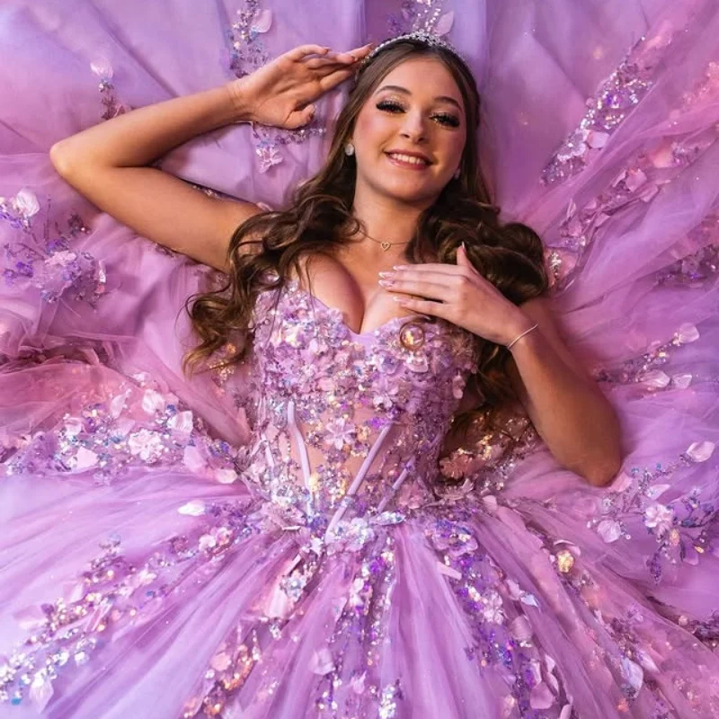 

Customized Shiny Purple Off Shoulder Quinceanera Dress sequin applique 3D flower crystal Long tail vestidos de 15 Quinceanera