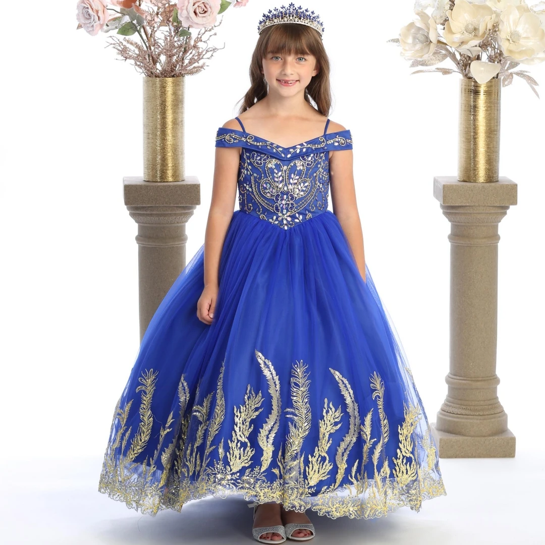 

Customized Royal Blue Flower Girl Dress Gold Floral Appliques Short Sleeve For Wedding Birthday Party Prom Banquet Princess Gown