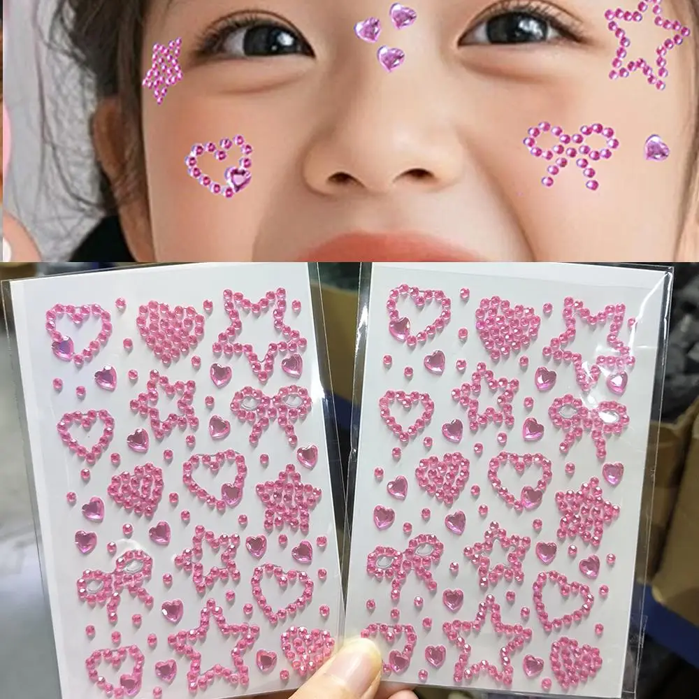 2pcs 3D Star Heart Bow Rhinestone Face Tattoo Stickers Xmas Glitter Gems Self-adhesive Decals DIY Crafts Festival Makeup Sticker