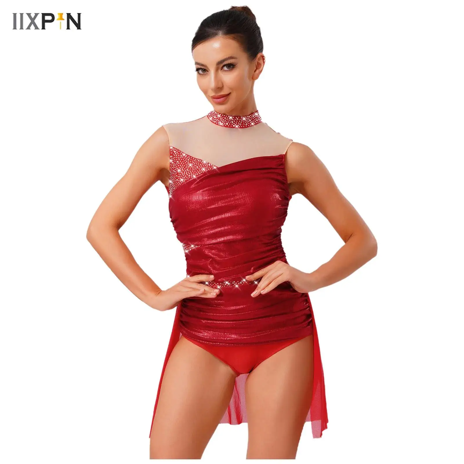 

Women's Lyrical Dance Leotard Glitter Rhinestones Metallic Shiny Contrast Color Sleeveless Mesh Skirt Ruched Bodysuit Ballerina
