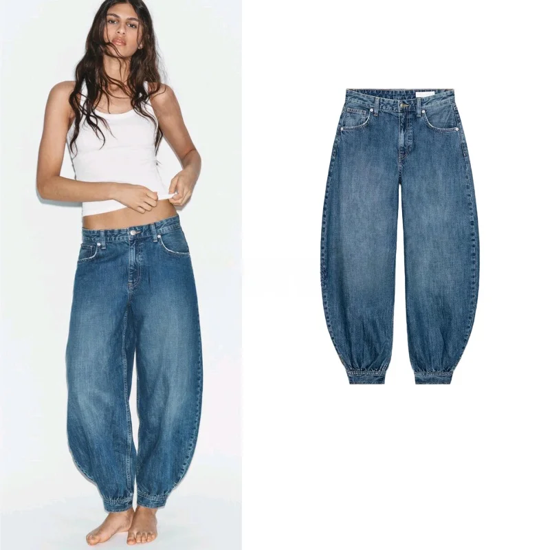 

Spring New Women's Design Sense Mid-Waist Bow Tie Balloon Jeans Long Pants Elastic Waist Polyester Fiber Button Closure