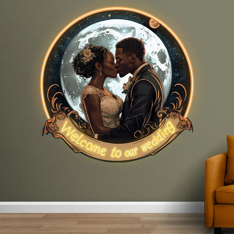 Golden Round Photo Frame Neon sign, Bride And Groom Kissing Wedding Blessing, Giant Moon Background Decoration, LED Lighting Art