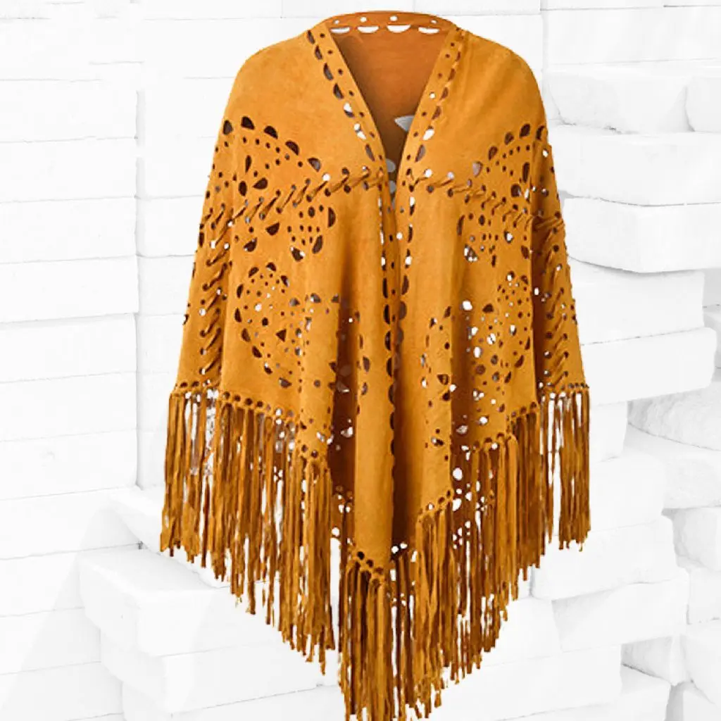 Autumn Winter Womens Suede Hollow Flowers Tassel Cape  Warm Scarf